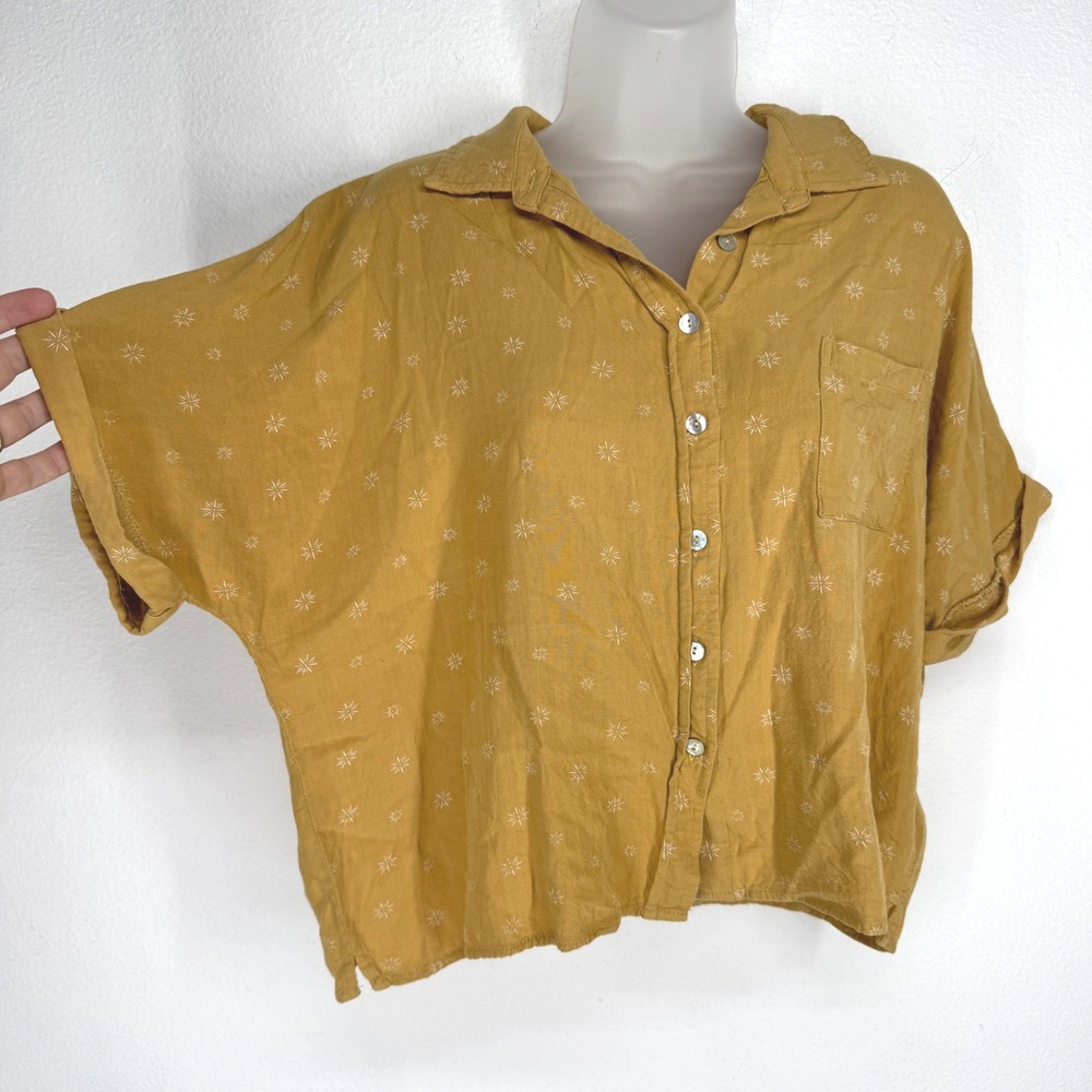 Bohme Mustard Yellow Sunburst Print Rayon Button Crop Top Size M Oversized Boxy